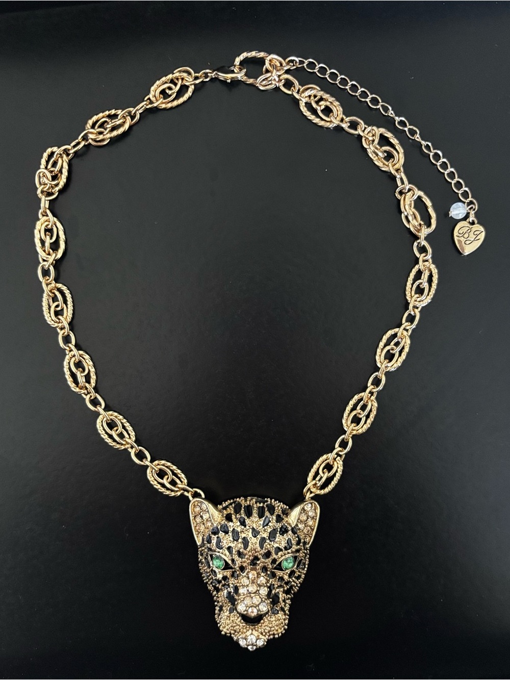 Betsey Johnson Gold Rhinestone Necklace with Green Eyes + Gift of Earrings